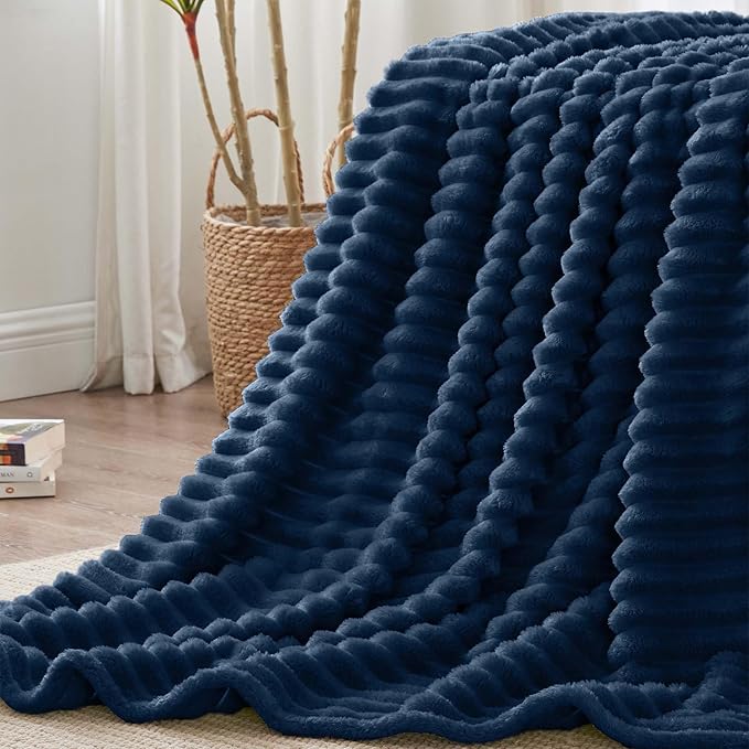 BEDELITE King Size Blanket for Bed, 300GSM Soft & Warm Fleece Blanket, Decorative and Giftable Striped Navy Blankets for Women, Men, 108"x90"