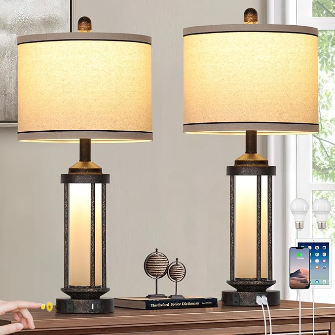 27" Farmhouse Industrial Table Lamps, Vintage Rustic Retro Beside Lamps with USB A+C Charging Ports & AC Outlet, Modern Nightstand Lamps with Glass LED Night Light for Living Room Bedrooms End Table