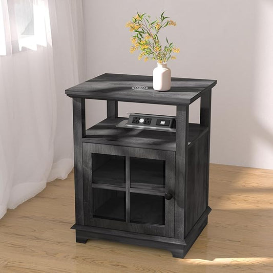 HIFYOBRO 18'' End Table with Charging Station, Adjustable Shelf & Storage, Modern Farmhouse Nightstand for Bedroom, Living Room, Office