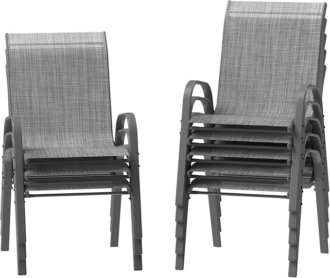Amopatio Patio Chairs Set of 8, Outdoor Stackable Dining Chairs for All Weather, Dark Grey, Breathable Garden Outdoor Furniture for Backyard Deck