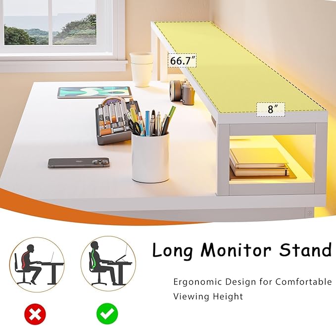 HOMBCK 67" Computer Desk with 3 Drawers, Home Office Desk with Long Monitor Stand and Printer Space, Office Desk with Storage & LED Lights, Writing Desk with Drawers, White