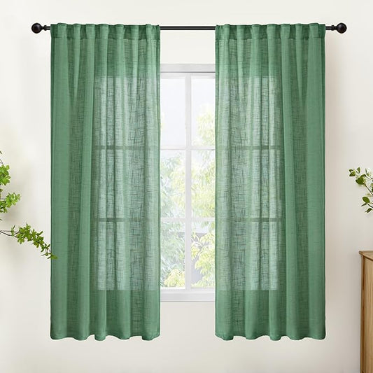 YoungsTex Green Linen Semi Sheer Curtains 63 Inch Length for Living Room Window, Light Filtering Drapes Rustic Textured with Rod Pocket Back Tab for Bedroom, 2 Panels, 42 X 63 Inch