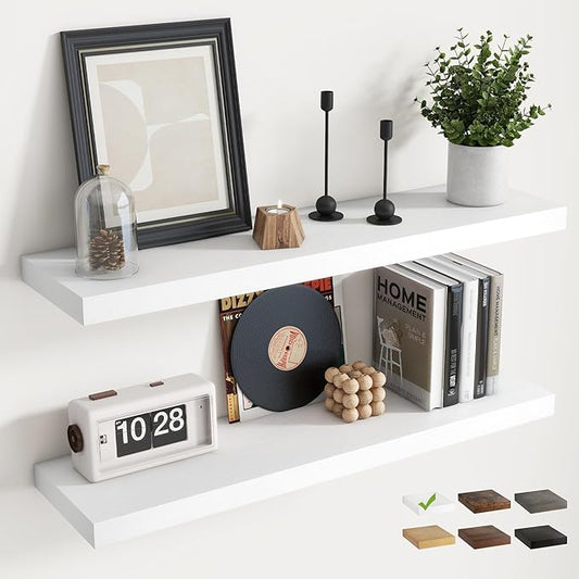 36 Inch Floating Shelves for Wall Set of 2, 8"D Wood Grain Bathroom Shelves with Invisible Brackets, Easy Install Engineered Wood Storage Shelves for Kitchen, Living Room, Bedroom, White Finish