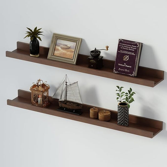SAUMONIERES Picture Ledge Shelf Floating Book Shelves Set of 2 Wall Mounted Solid Wood for Bedroom Bathroom Living Room Kitchen, 36 Inch Walnut