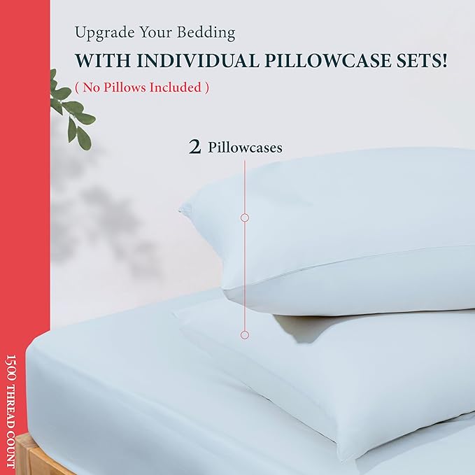 Ashton Sheets 100% Egyptian Cotton Pillow Cases King Size Set of 2-1500 Thread Count Sateen Weave Light Blue Pillow Covers, Silky Soft, Breathable & Cooling Pillowcases, Fits King Size Pillows