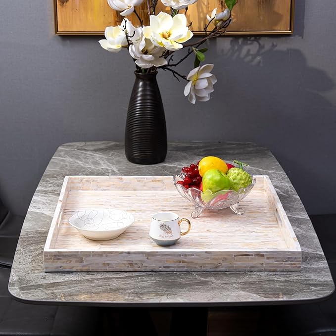 PEMAR Extra Large 20" Square Mother of Pearl Ottoman Tray with Insert Handles, Oversized Decorative Luxury Wooden Serving Tray for Food, Coffee Table, Breakfast in Bed (White Cream)