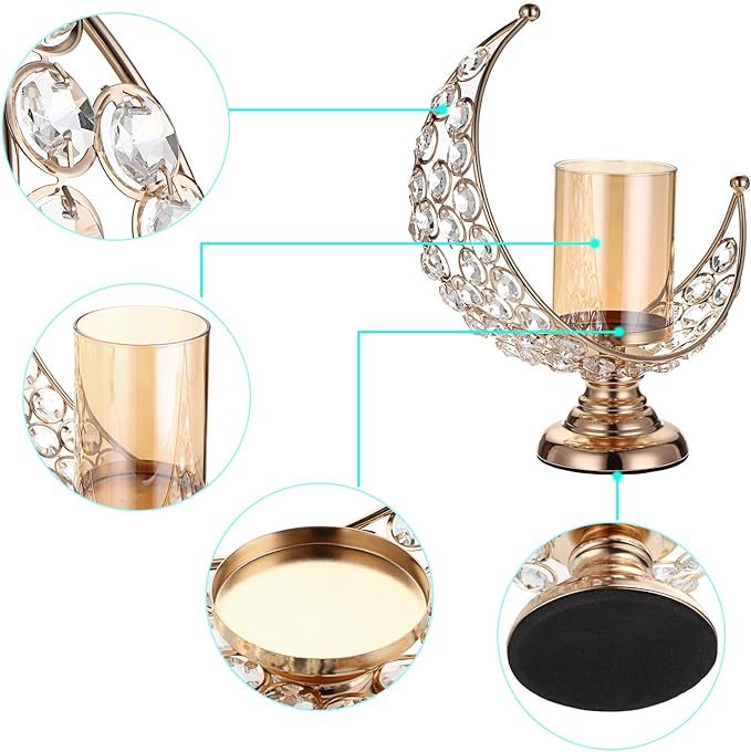 OwnMy Set of 2 Gold Moon Shaped Crystal Pillar Candle Holders Tealight Holders with Glass Covers, Metal Crystal Moon Pillar Candle Stands Votive Candlesticks Candle Lamps for Table Centerpieces