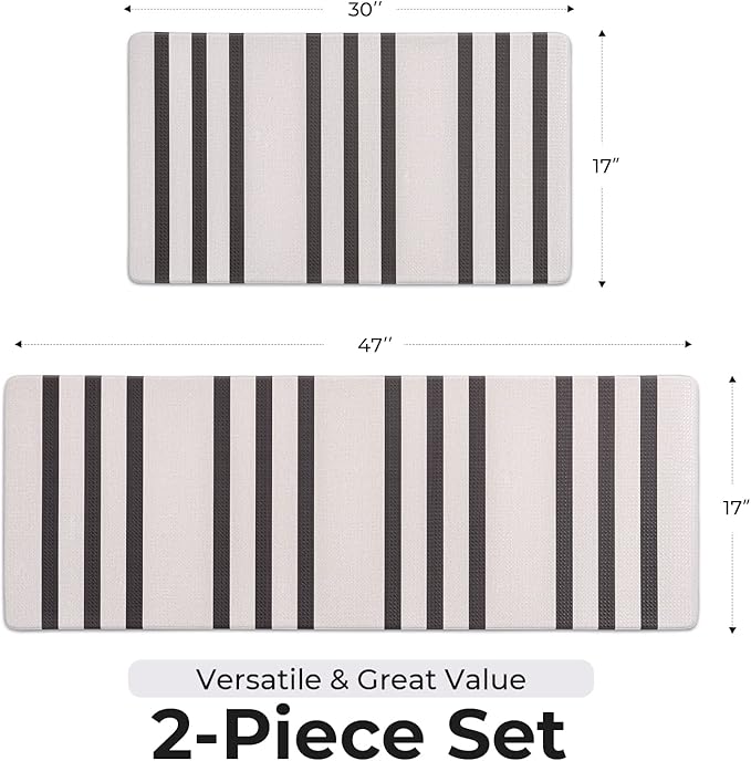 FRESHMINT Farmhouse Stripe Anti-Fatigue Kitchen Mat Set of 2, Cushioned Foam Kitchen Mats for Floor, Waterproof Non Slip Comfort Mat, Modern Kitchen Rug for Kitchen Decor, Sink, Laundry, Office