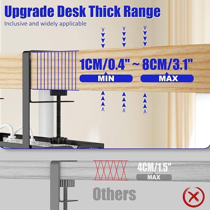 REFLYING Under Desk Cable Management Tray, Metal Long Arms(3.9in), No Drill Mesh Desk Cable Tray, Wire Management Tray Cable Management Box for Office, Desk Cable Tray Wire Organizer, 1 Pack, Black