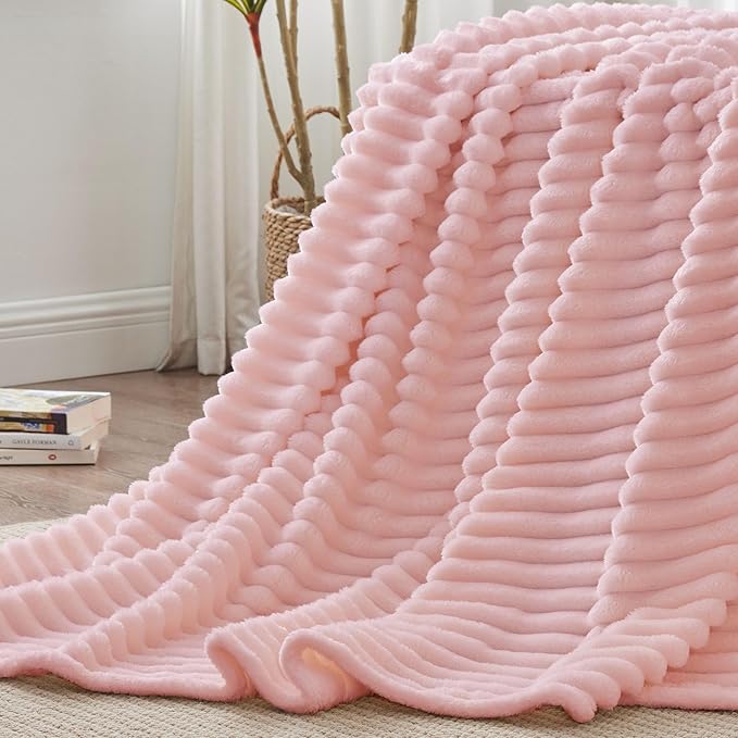 BEDELITE Full Size Blanket for Bed, 300GSM Soft & Warm Fleece Pink Blanket, Decorative and Giftable Striped Blankets for Women, Men, 84"x90"