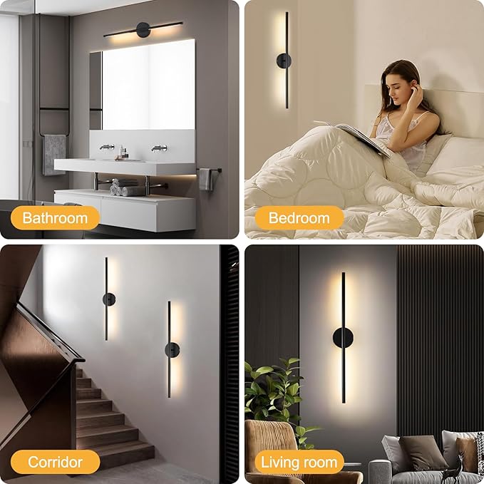 Wireless Battery Operated Wall Sconces with Remote, Black Rechargeable Led Wall Lights Set of Two, Cordless Dimmable Battery Powered Wall Lamp Decor for Bedroom Living Room, 3 Color, 28 Inch