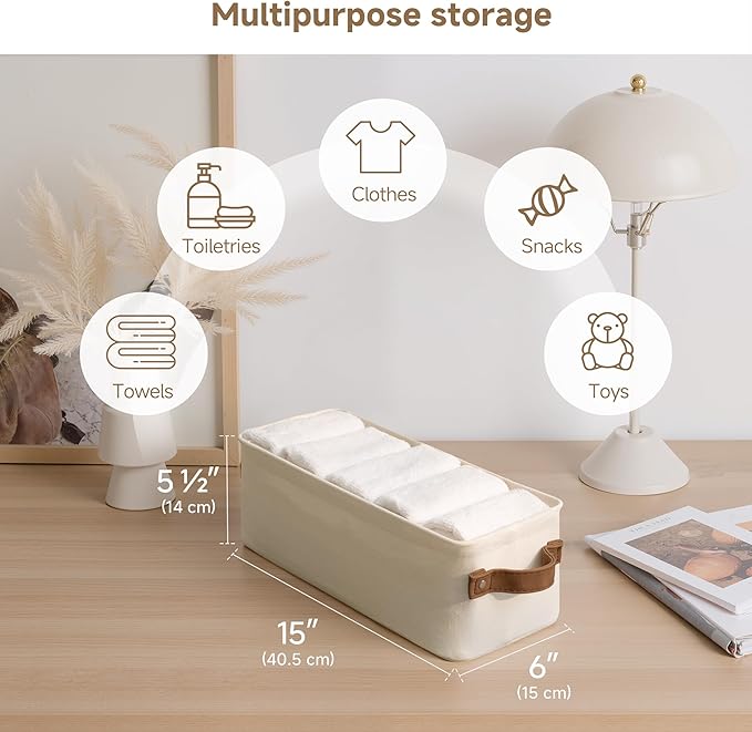 StorageWorks Narrow Storage Bins, Small Basket for Closet and Shelves, Fabric Organizer with Handles, Toilet Paper Storage, Natural Color, 2-Pack