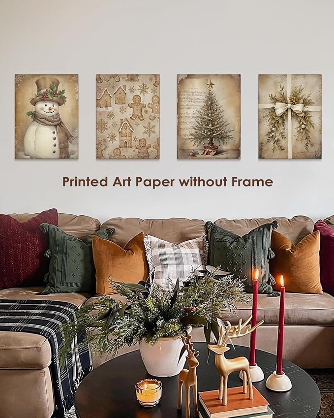 Wheatwin Vintage Christmas Wall Decor, Christmas Tree Snowman Wall Art Prints Set of 4, Boho Wall Decor for Bathroom Home Bedroom Living Room Office, 8x10 (Unframed)