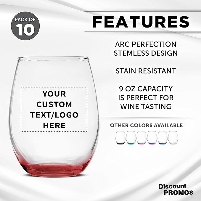 Custom Stemless Wine Glass 9 oz. Set of 10, Personalized Bulk Pack - Great for Wedding Favors, Bachelorette Party Decorations, Party Favors, Color Bottom - Red
