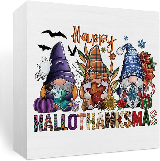 Happy HallowThanks Fall Desk Gnome Rustic Wooden Box Thanksgiving Gnome Decorations for Home Pumpkin Decor Halloween Christmas Farmhouse Harvest Autumn Wood Sign for Shelf Tiered Tray