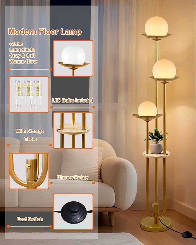 Lightdot 63IN Globe Floor Lamp with Shelf 3-Lights Modern Dimmable Floor Lamps with 3000K Soft Warm White Bulbs for Wedding/Party, Gold Tall Standing Lamp for Living Room/Bedroom