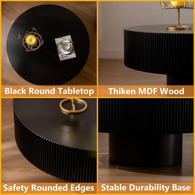 Modern Wood Coffee Table - Handcraft Drum Coffee Tables with Sturdy Base, Easy Assembly, Contemporary Style Small Coffee Table Tea Table for Living Room, Bedroom, Office (Black Thick)