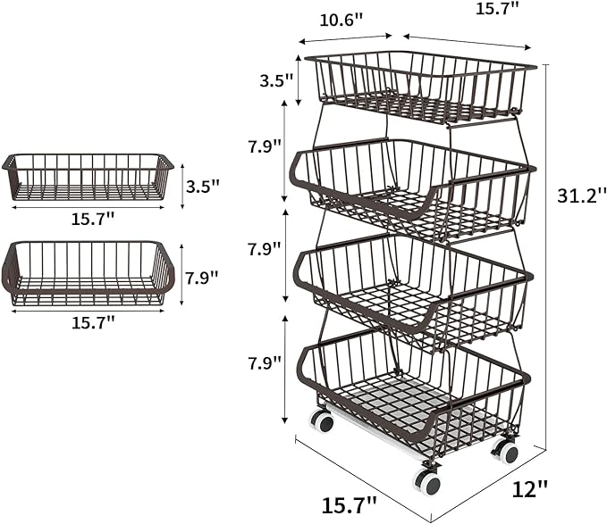 Fruit Vegetable Storage Basket for Kitchen - 4 Tier Stackable Metal Wire Baskets Cart with Rolling Wheels Utility Fruits Rack Produce Snack Organizer Bins for Pantry Bathroom Laundry Bronze