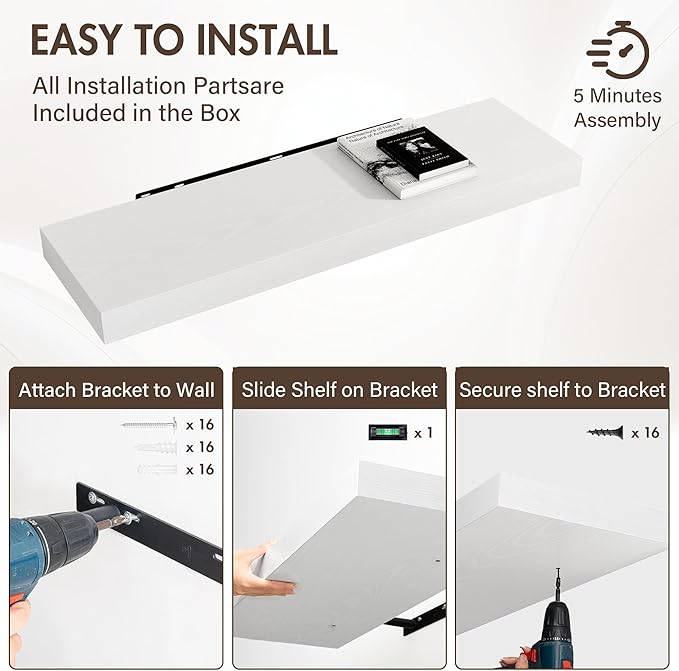 40 Inch Floating Shelves, 12" Deep Floating Shelf Wall Mounted, 40" Wall Shelves, Rustic Deep Bookshelf, Extra Deeper & Thicker Display Shelves for Bedroom, Living Room, White, Set of 2