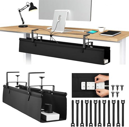No Drill Large Under Desk Cable Management Tray, Fabric Cord Hider for Wire Organizer, Clamp/Screw Mount Cord Organizer, Standing Desk Cable Management for Office Home (36 INCH)