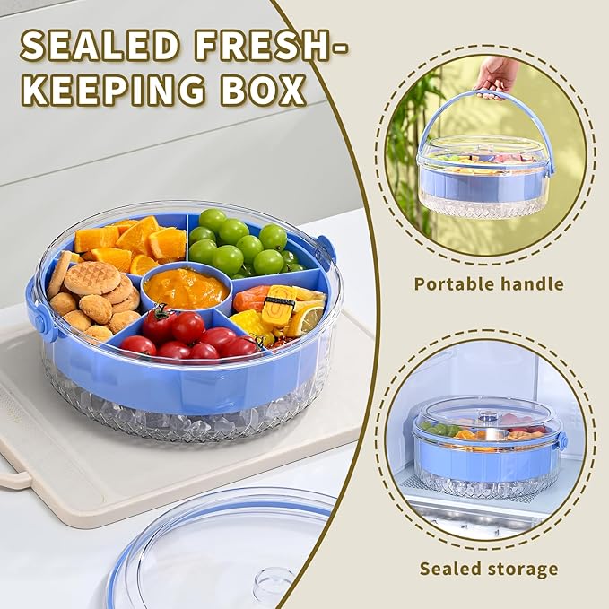 Divided Chilled Serving Tray for Parties,Ice Chilled Party Platter,Ice Serving Bowl with Lid and Handle,Charcuterie Serving Board,Cold Dish Dip for Fruit Seafood Vegetable Shrimp Cocktail Appetizer...