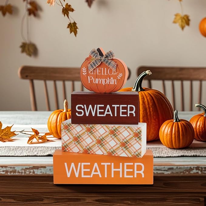 4 Pcs Pumpkin Fall Decor Fall Tiered Tray Decor Autumn Wooden Sign Hello fall Table Decoration Rustic Block Signs Centerpieces Wood Farmhouse Vintage Ornaments Gift for Thanksgiving Home Kitchen