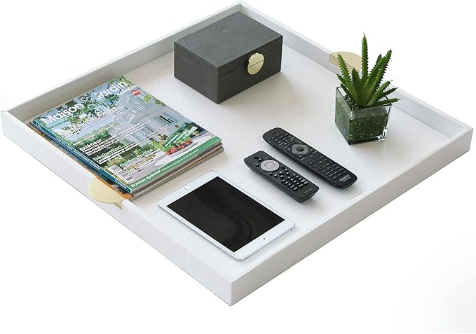 HofferRuffer Extra Large Square Serving Tray, Elegant Faux Leather Ottoman Tray with Gold Hardware Handles, Serve Tea, Coffee or Breakfast in Bed, 23.6 x 23.6 inches, White Large Square