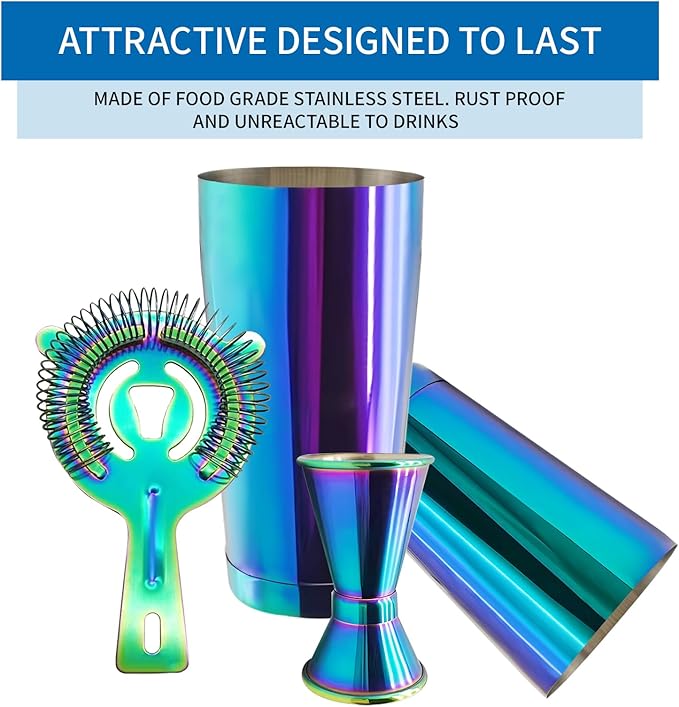 Boston Cocktail Shaker Bar Set, Weighted Boston Shaker Tins, Bartender Kit with 18oz & 28oz Mixed Drink Shaker, Hawthorne Strainer, Double Measuring Jigger - Rainbow