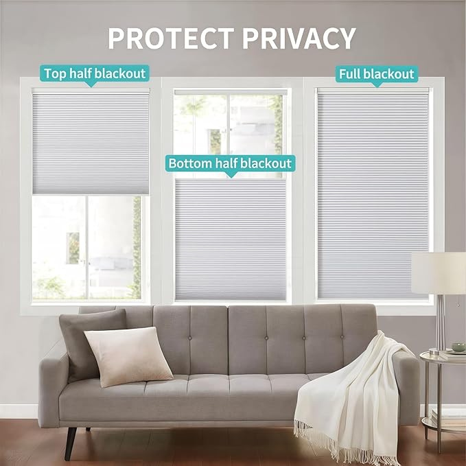 Joydeco No Tools No Drill Blinds for Indoor Windows, Cordless Window Blinds Cellular Shades Top Down Bottom Up Blackout Honeycomb Blinds Thermal Insulated Noise Reduction (White, 32" W x 64" H)