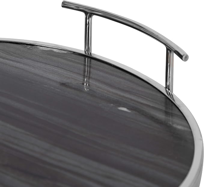 Kate and Laurel Marbury Modern Round Tray, 15 x 14 x 3, Gray Marble and Silver, Contemporary Marble Tray for Storage and Display