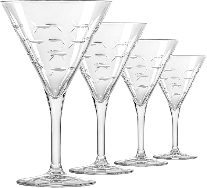 Rolf Glass School of Fish Martini Glass | Stemmed 7.5 oz. Martini Glasses | Lead-Free Glass | Diamond-Wheel Engraved Cocktail Glasses | Made in the USA (Set of 4)