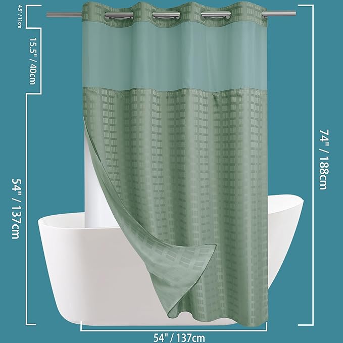 Conbo Mio Stall No Hook Sage Green Shower Curtain with Snap in Liner Set, Hotel Luxury Shower Curtains for Bathroom with See Through Top Window, Waterproof, Washable 54W x 74H