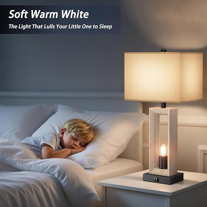 Table Lamps for Living Room,Modern Farmhouse Decor Lamps with USB A+C Port & Nightlight,25" Rustic 3-Way Dimmable Bedside Lamps,Oat Shade Touch Nightstand Lamp for Bedroom,2 LED Bulbs