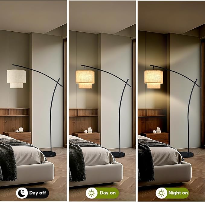 Lightdot Arc Floor Lamp for Living Room, Modern Standing Tall Lamps with Double Linen Lampshade, Tall Hanging Pole Lamp with Stable Metal Base & Foot Switch for Bedroom Home Office-Black