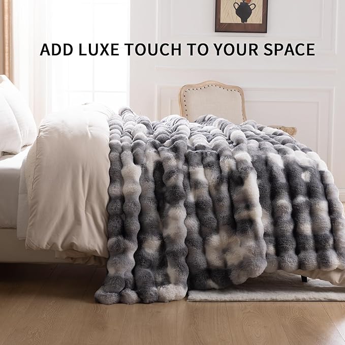 Cozy Faux Fur Throw Blanket for Couch-Warm Fuzzy Throw Blanket, Soft Plush Thick Bubble Blankets for Bedroom and Living Room, Furry Luxury Blanket, 50 x 60,Tie-Dye Grey