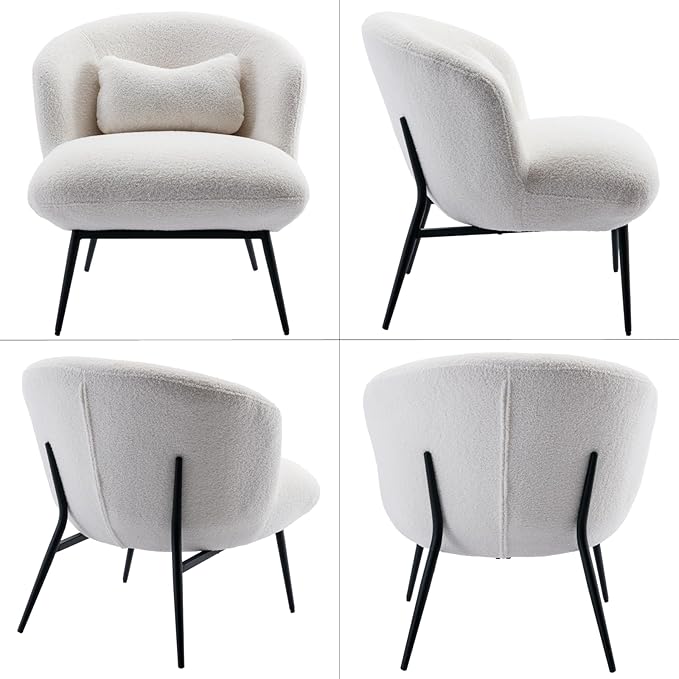 LukeAlon Sherpa Single Sofa Chairs Set of 2, Modern Upholstered Accent Chairs with Metal Legs and Pillow Cute Living Room Chairs Wide Seat Slipper Chairs for Bedroom Reception Area, White