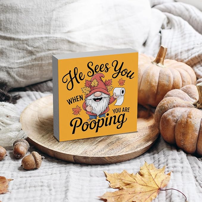 HTBIG Funny Fall Wooden Box Bathroom Sign Decor He Sees You When You Pooping Bathroom Wooden Box Decor It In The 5 x 5 Inch