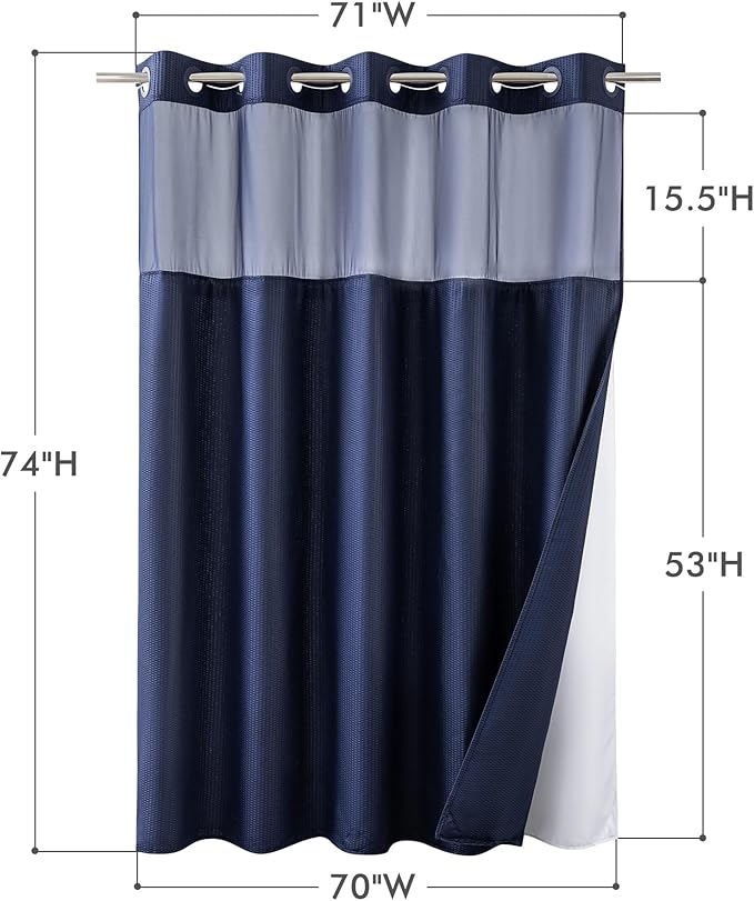 Mrs Awesome No Hook Shower Curtain with Snap-in Liner, Embossed Waffle Design Fabric Shower Curtain for Bathroom, Soft & Lightweight, 71x74, Navy Blue