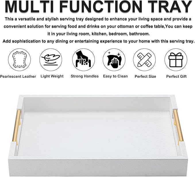 White Leather Decotative Coffee Table Tray,Modern Large Ottoman Tray Rectangle Serving Tray with Handles for Living Room Party