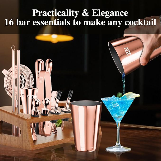 IOV Mixology Bartender Kit Bar Set with Stand | 17-Piece Cocktail Shaker Set | 28oz Boston Shaker Drink Mixer Set with All Essential Accessory Tools | Fun Housewarming Gift (Rose Gold)