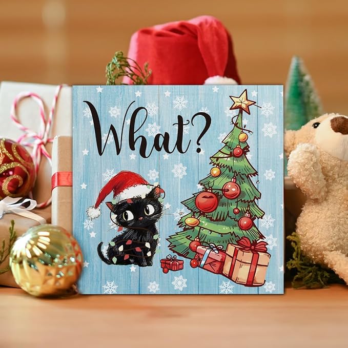 Funny Christmas Decorations, Black Cat Wooden Sign Decor, Christmas Tree Wooden Block Sign, Christmas Decor for Table Shelf 5 x 5 Inch