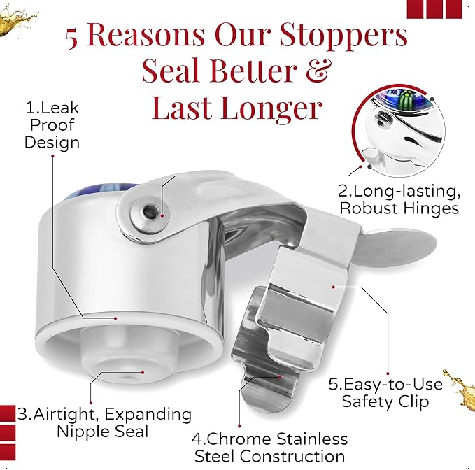 Wine Stopper & Champagne Stopper All In One - Patented Seal, Preserves Bubbles & Taste for Prosecco, Cava, and Wine – 1 Pro Grade Evan James Bottle Stopper With Hanging Gift Box