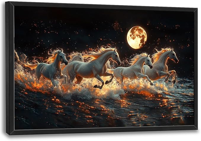 Horse Wall Art, White Horses Pictures Wall Decor, Running Animal in Moonlight Canvas Prints Painting, Large Framed Artwork for Living Room Office Bedroom Bathroom Corridor 36"x 24"