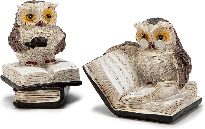 Adorable Reading Owl Statue, 2 Wise Owl Thinker Sculptures Home Decor Accents, Retro Animal Decor Owl Figurines for Living Room Bedroom Office TV Stand Tabletop Shelf Mantel, Gift for Men Birds Lover
