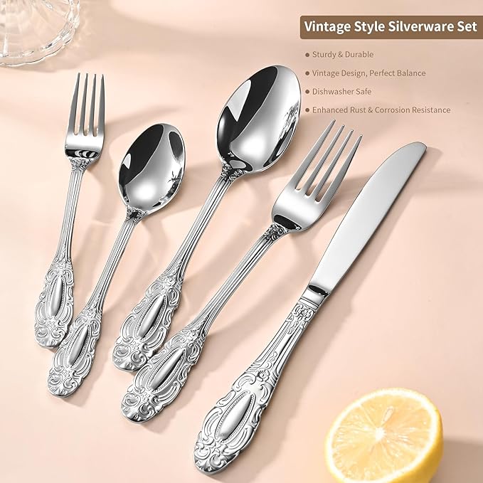 40-Piece Silverware Set for 8, Retro Mirror Polished Flatware Cutlery Set - Dishwasher Safe. Stainless Steel Utensils for Everyday & Holiday Dining