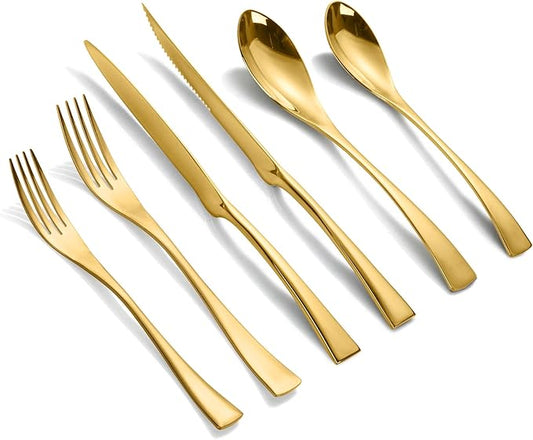 Lemeya 24-Piece Gold Silverware Set with Steak Knives,Forged 18/10 Stainless Steel Cutlery Set for 4,Modern Heavy Duty Flatware Utensils Set,Fork Spoon and Knives Set, Mirror Polished,Dishwasher Safe