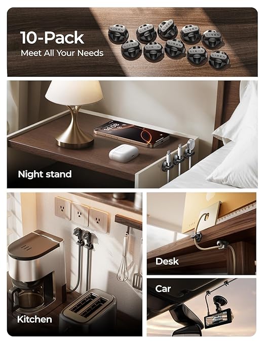 10 Pack Magnetic Cable Clips [2025 Minimum Size] LISEN Magnetic Cord Holder for Nightstand Desk, Cable Management for Home Office Organizer Wire Organizers for iPhone 17 Charger Cord, Dorm, Wall, Car