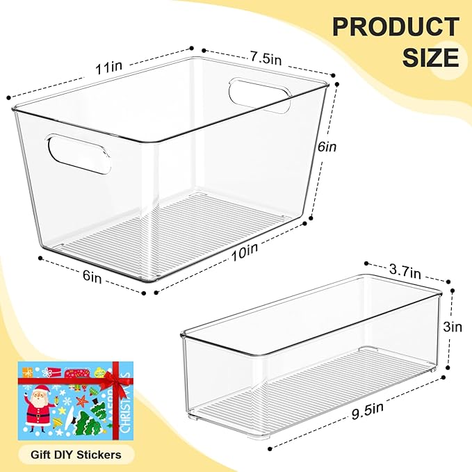 Set of 8 Clear Plastic Storage Bins, 4 Large +4 Small Pantry Organizers and Storage Containers for Kitchen, Garage, Freezer& Bathroom - Office Supplies Storage Bin for Drawer, Desk and Shelf
