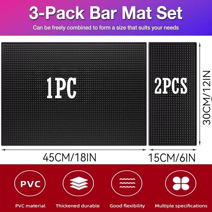 WANGCHAO 3 pcs Black 8mm Thick Anti-Skid Non-Toxic Rubber Bar Mat for Home Bar, Countertop, Restaurants, Coffee Bar - Premium Rubber Bar Service Spill Mat (3 Pack) (18 "x 12" +2PCS12 x 6")
