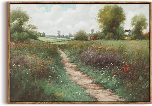 KISSFOX Vintage Landscape Canvas Wall Art Summer Farmhouse Wildflower Field Path Framed Wall Art Natural Countryside Cottagecore Paintings Artwork Rustic Art Prints For Bedroom Bathroom Living Room